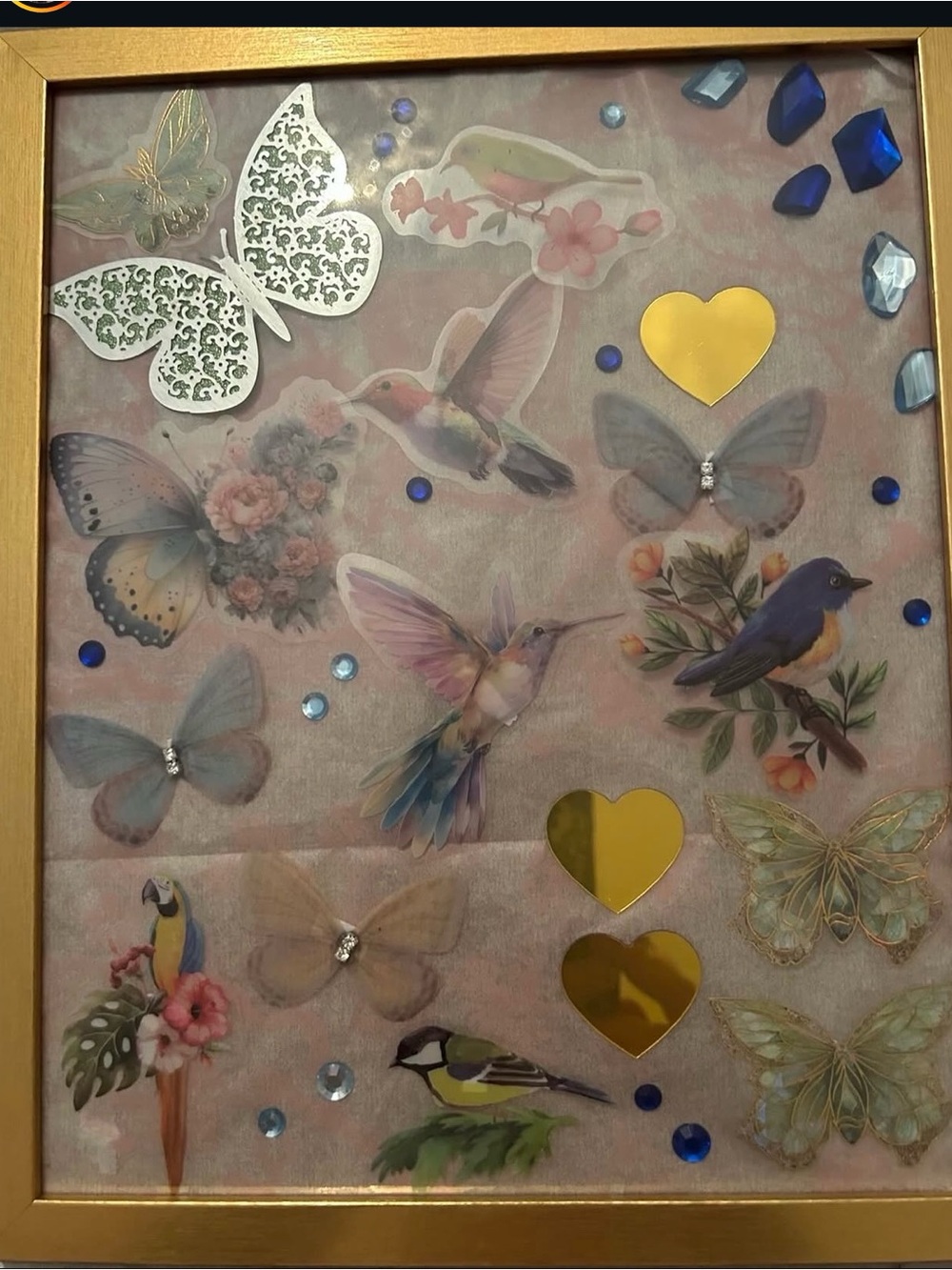 Gold Framed Pink Butterfly & Bird Wall Art